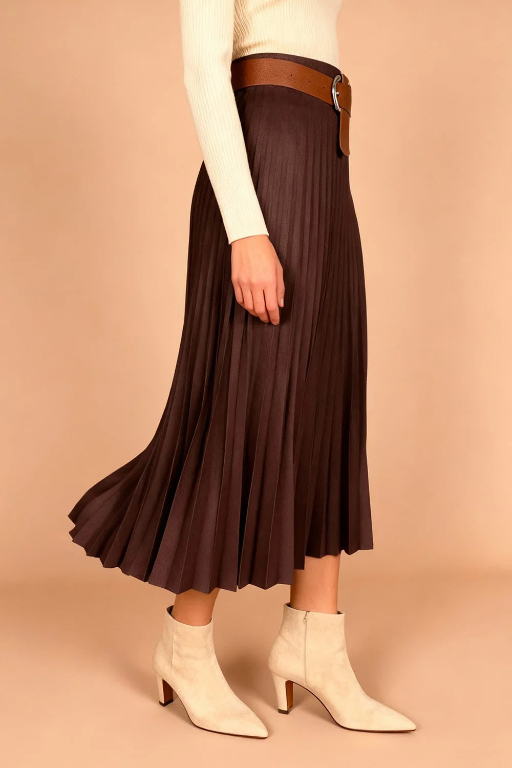 Pliseli Nubuk Midi Etek