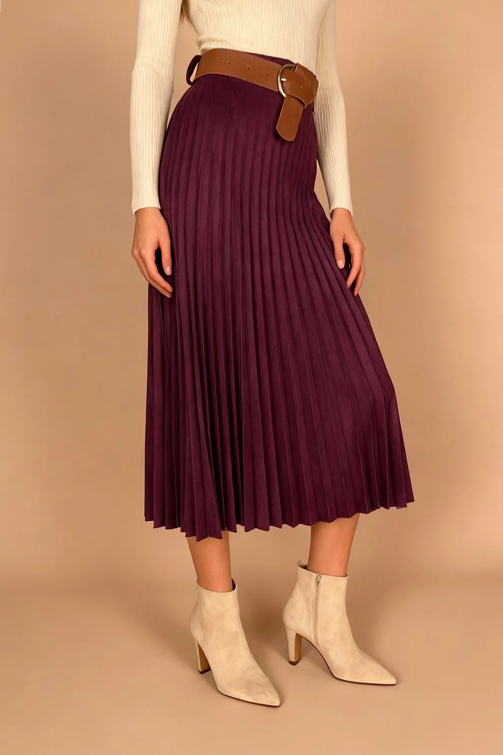 Pliseli Nubuk Midi Etek