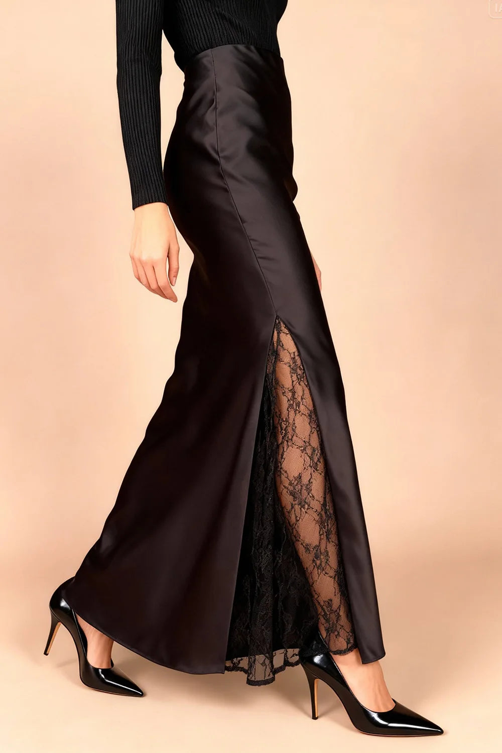 Dantel Detaylı Saten Etek