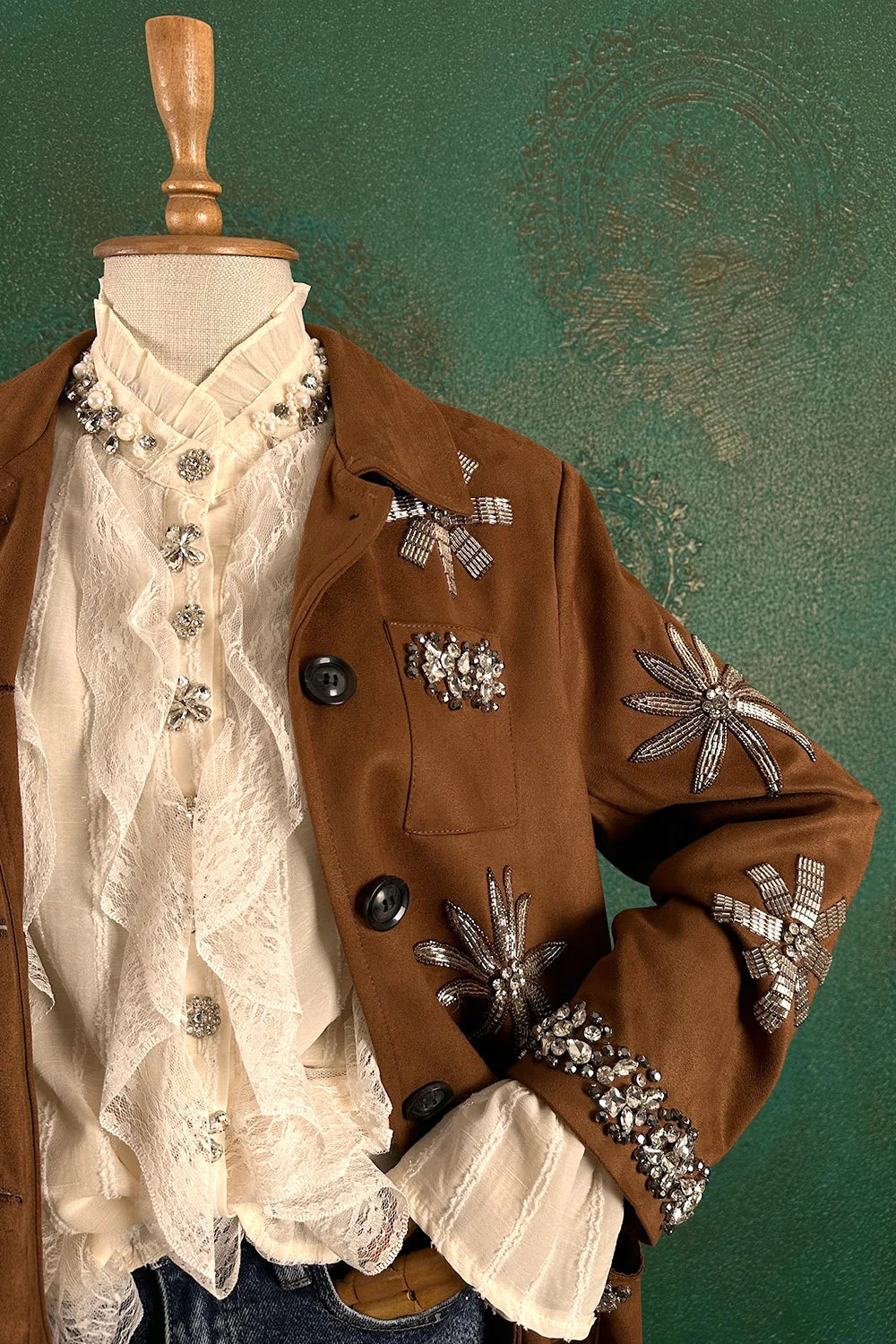 Taş İşlemeli Nubuk Ceket