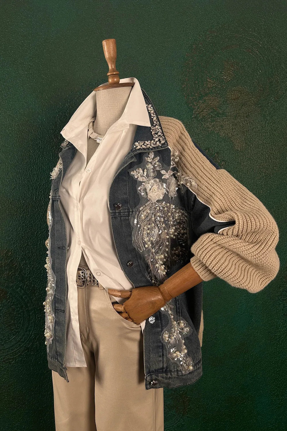 Taş işlemeli Trikolu Denim Ceket