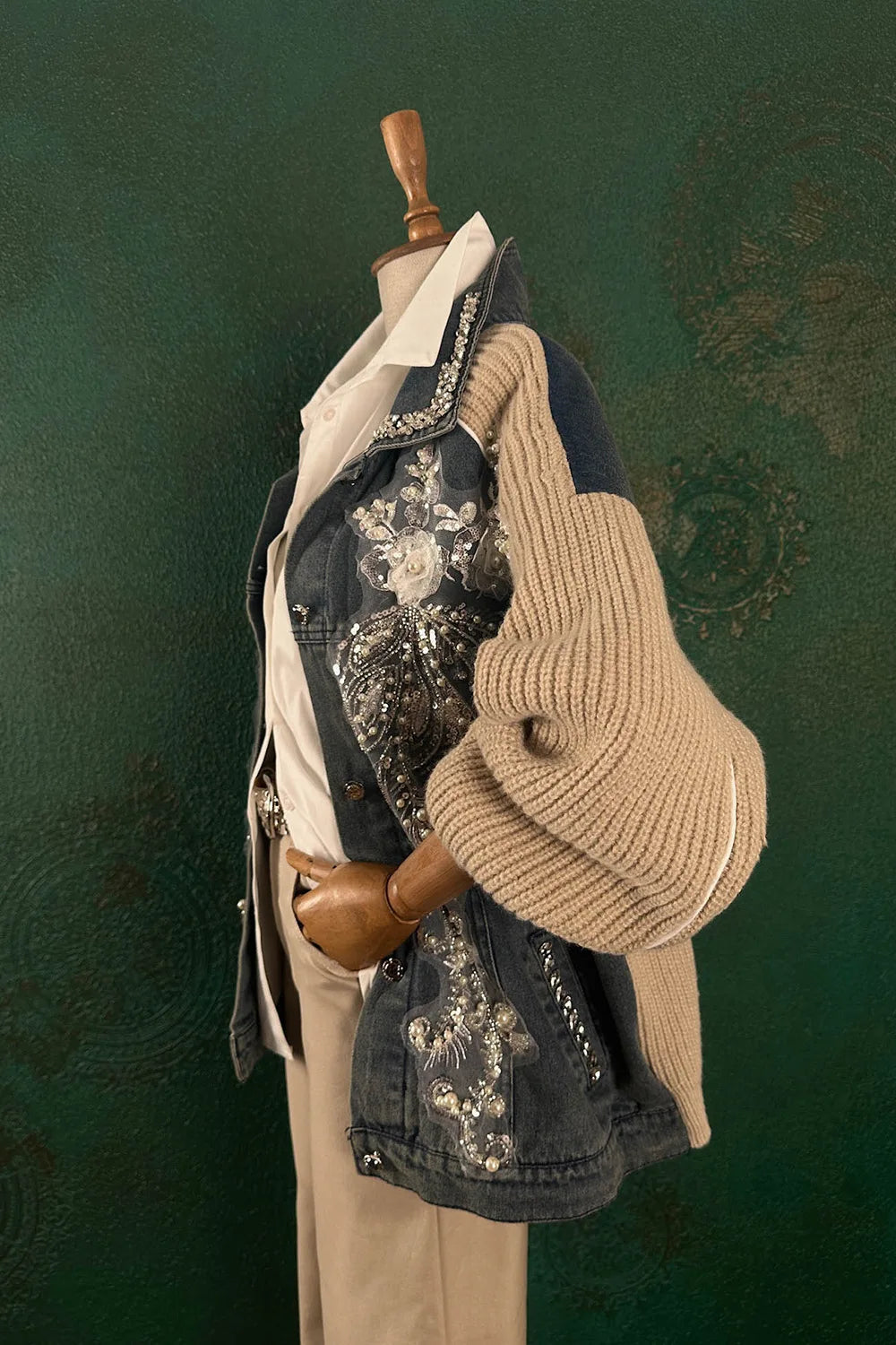 Taş işlemeli Trikolu Denim Ceket