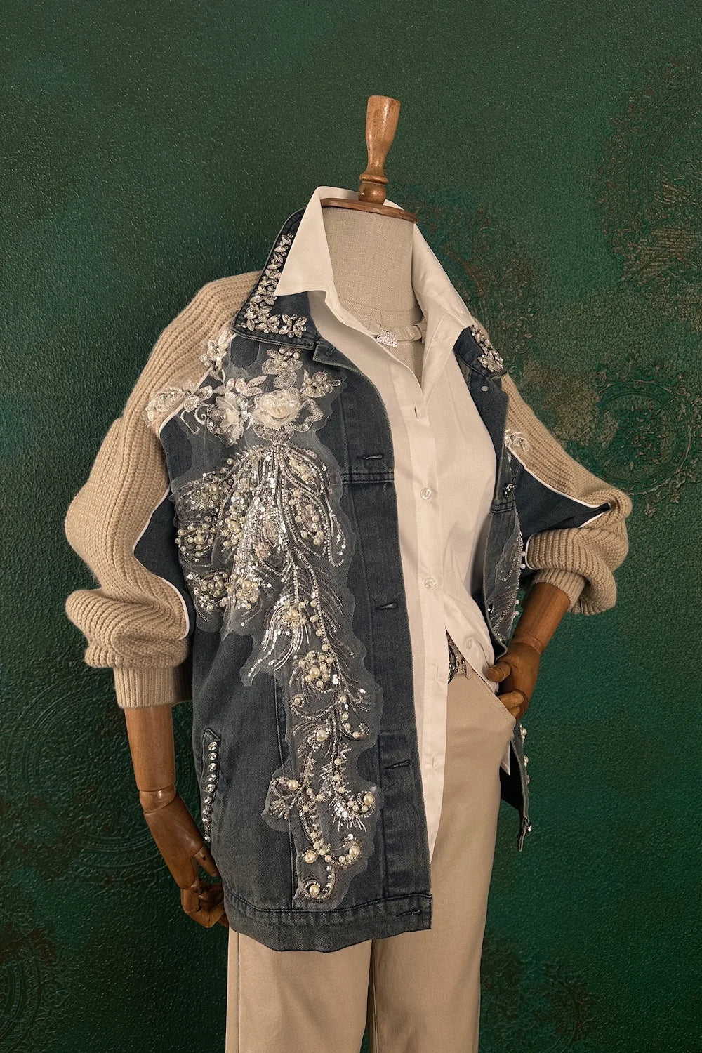 Taş işlemeli Trikolu Denim Ceket