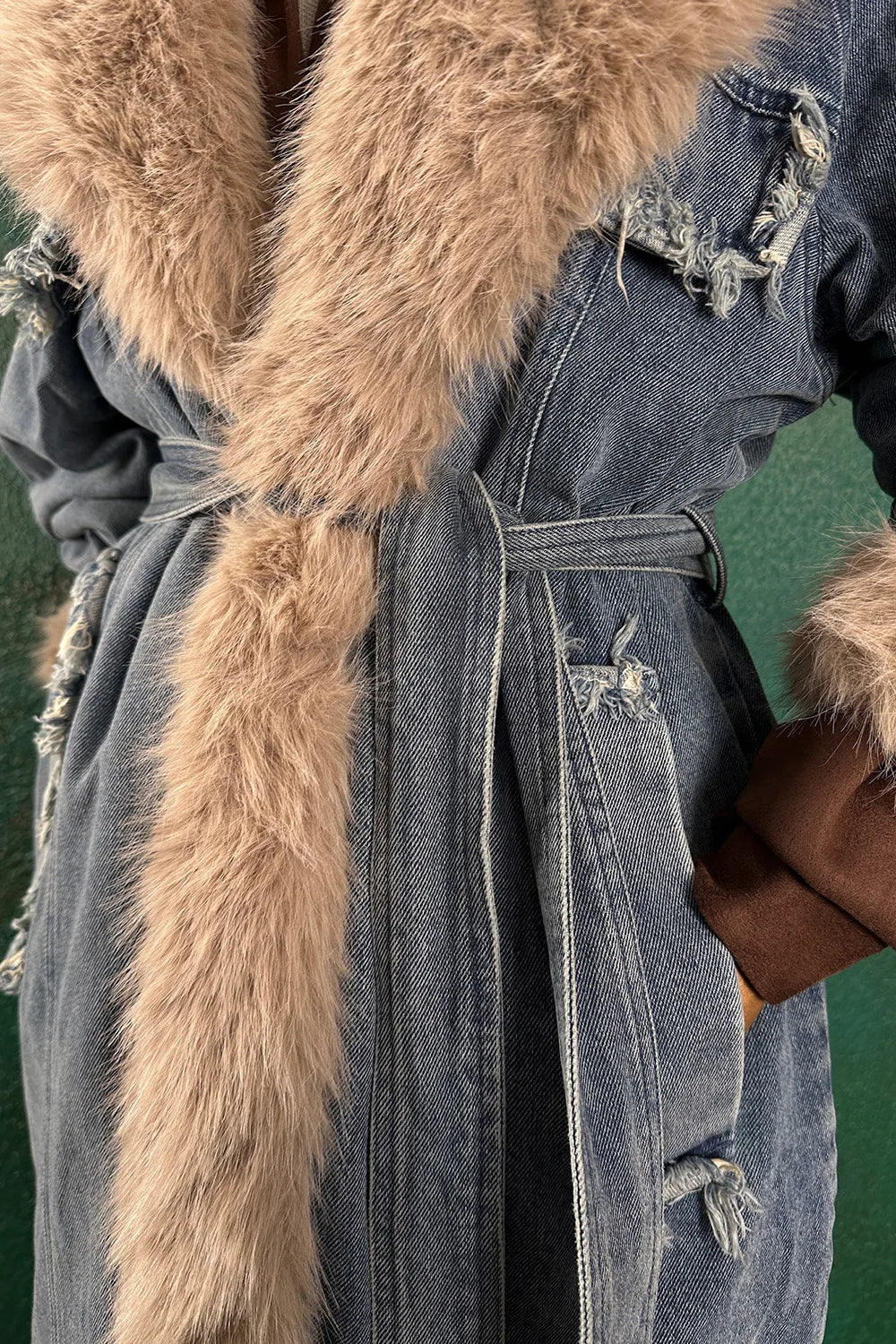 Kürk Detaylı Denim Kaban