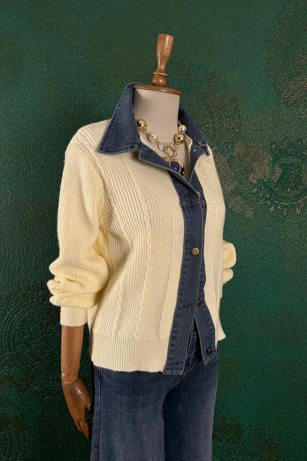 Denim Detaylı Triko Ceket