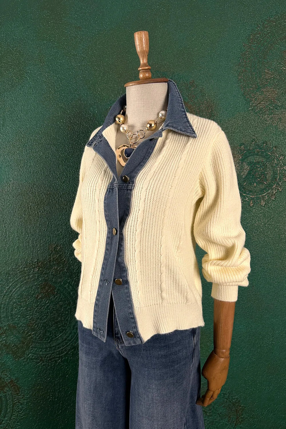 Denim Detaylı Triko Ceket