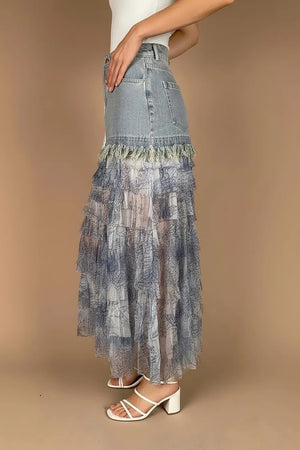 Tül Detaylı Denim Etek