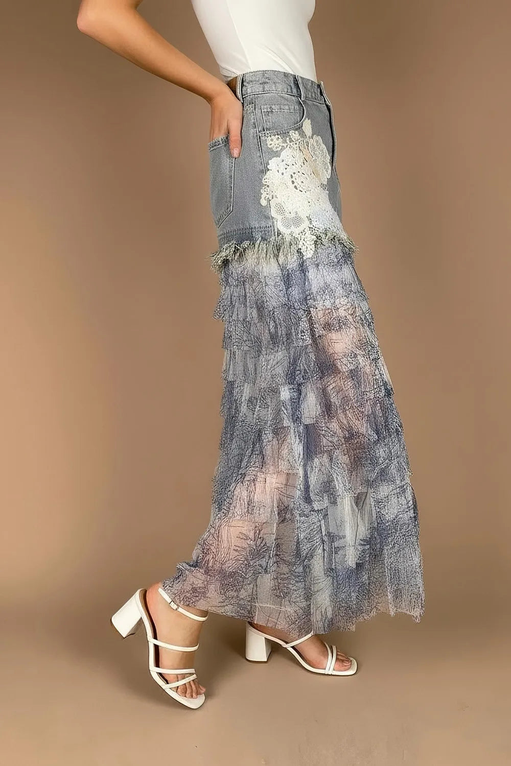 Tül Detaylı Denim Etek