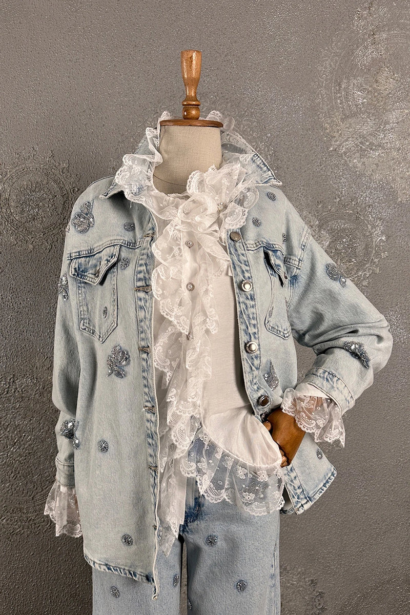 Boncuk İşlemeli Denim Gömlek