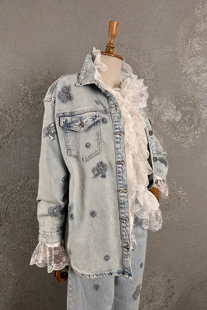 Boncuk İşlemeli Denim Gömlek