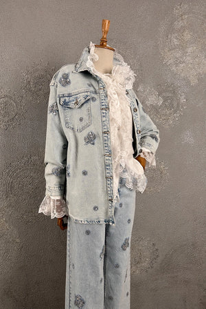Boncuk İşlemeli Denim Gömlek