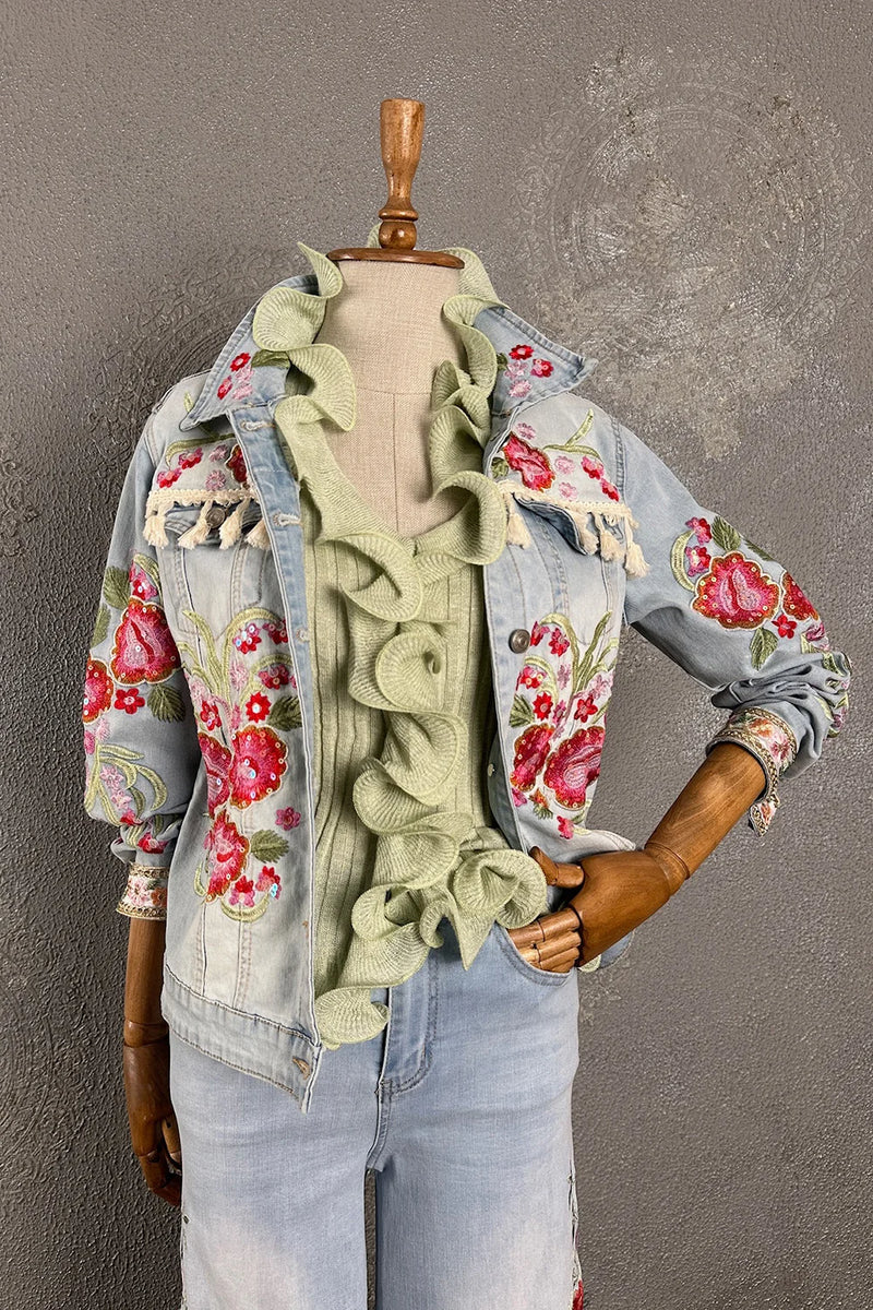 Çiçek Nakışlı Denim Ceket