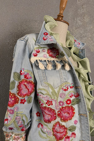 Çiçek Nakışlı Denim Ceket