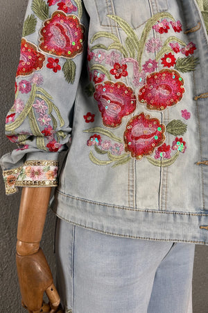 Çiçek Nakışlı Denim Ceket