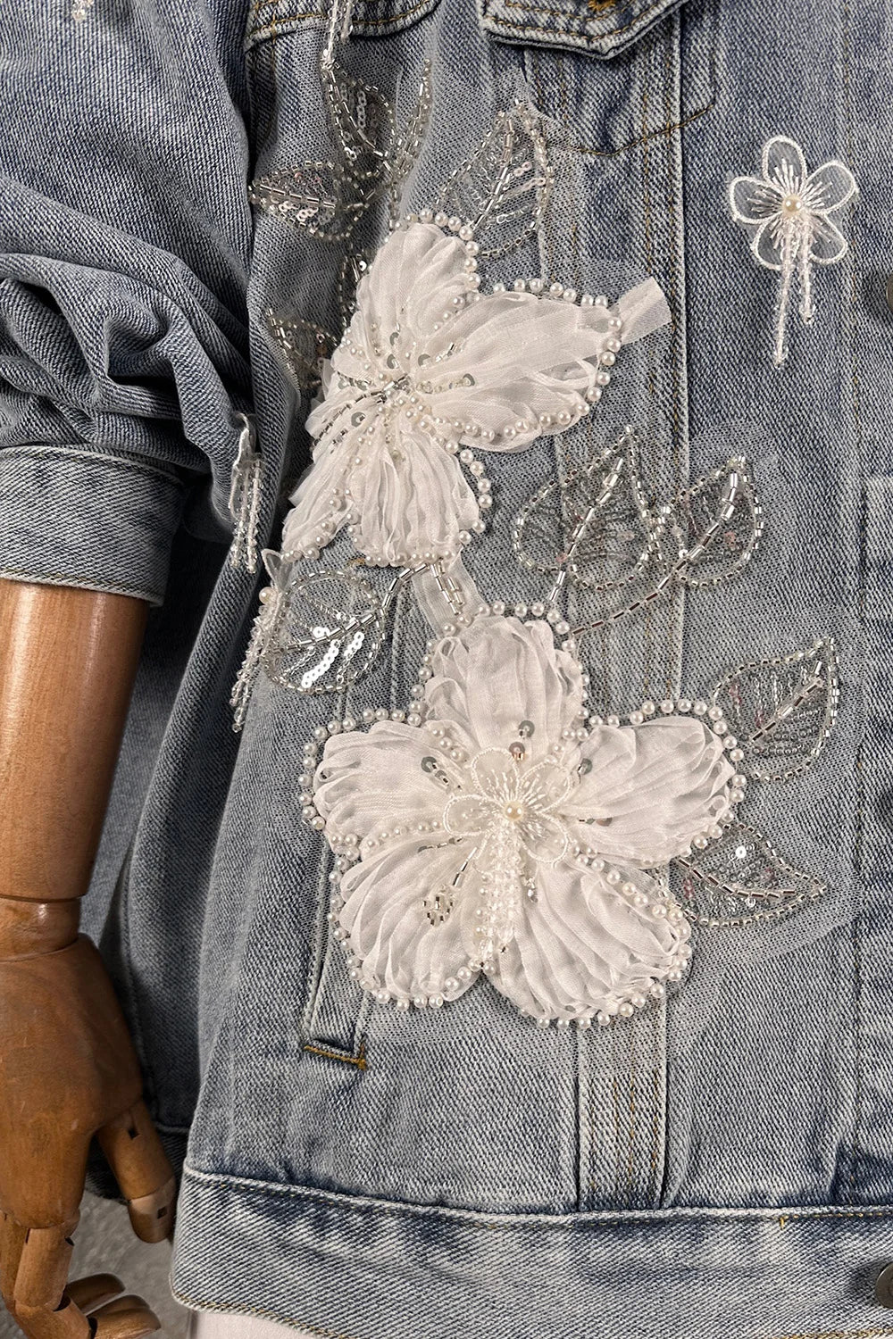 Tül İşlemeli Denim Ceket