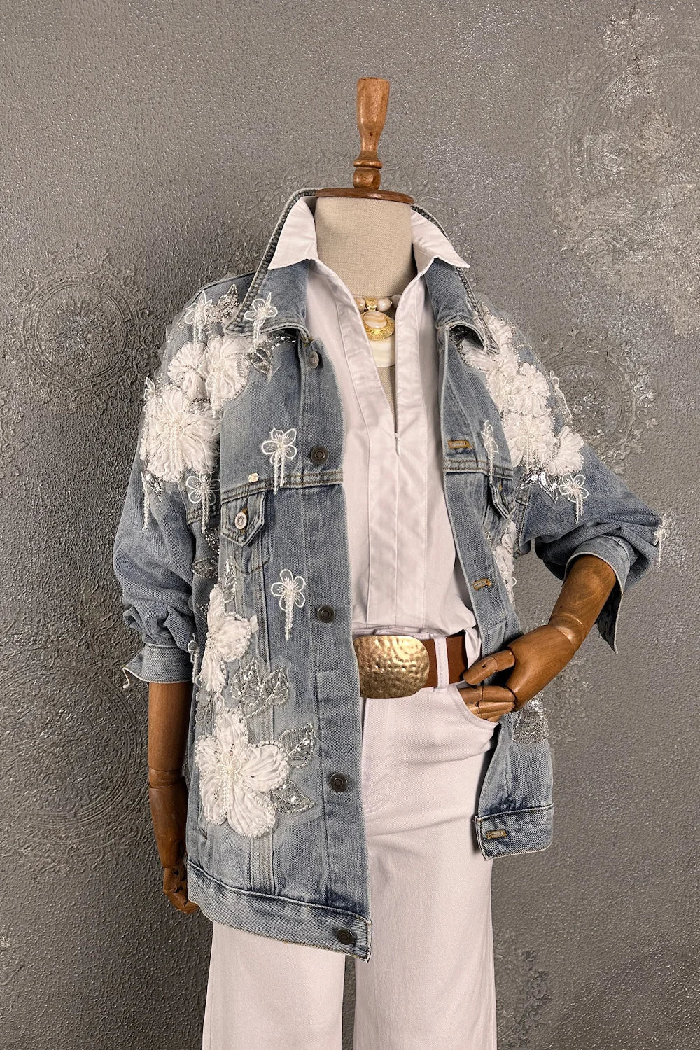 Tül İşlemeli Denim Ceket