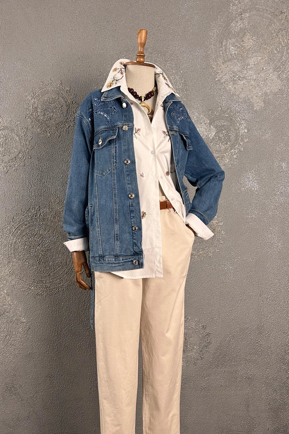 Desen Kesimli Denim Ceket