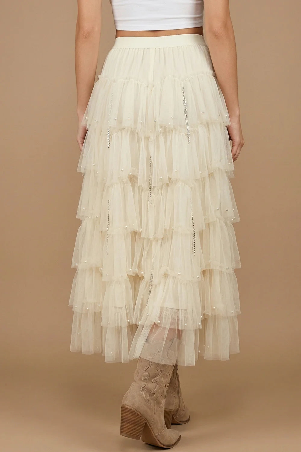 Çiçek Aplikeli Kat Kat Tül Etek