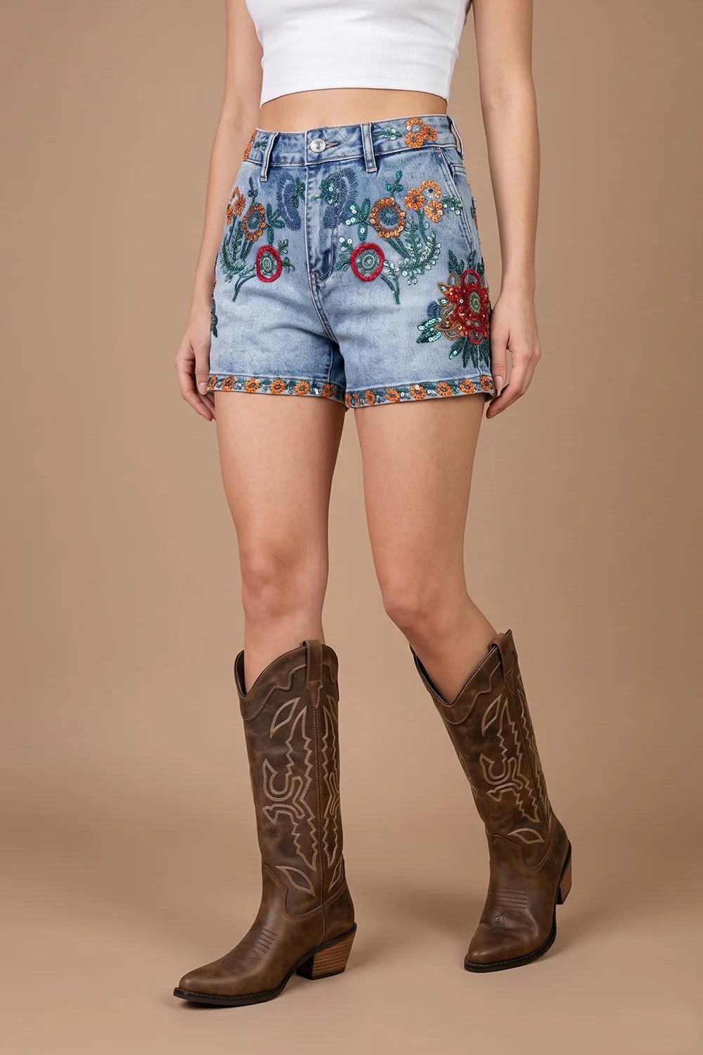 İşlemeli Denim Şort