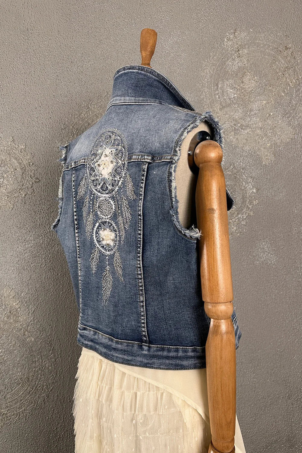 Düş Kapanı Desenli Denim Yelek