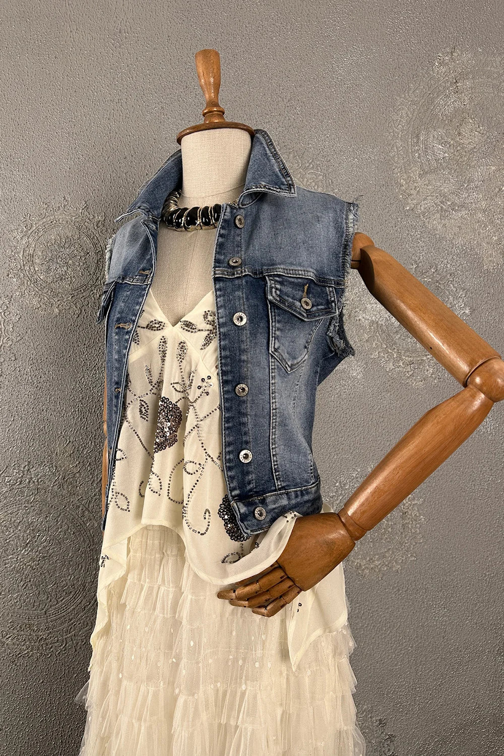 Düş Kapanı Desenli Denim Yelek
