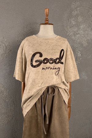 Krem melanj kadın t-shirt, Good morning baskılı, oversize kesim, rahat silüet, önden görünüm
