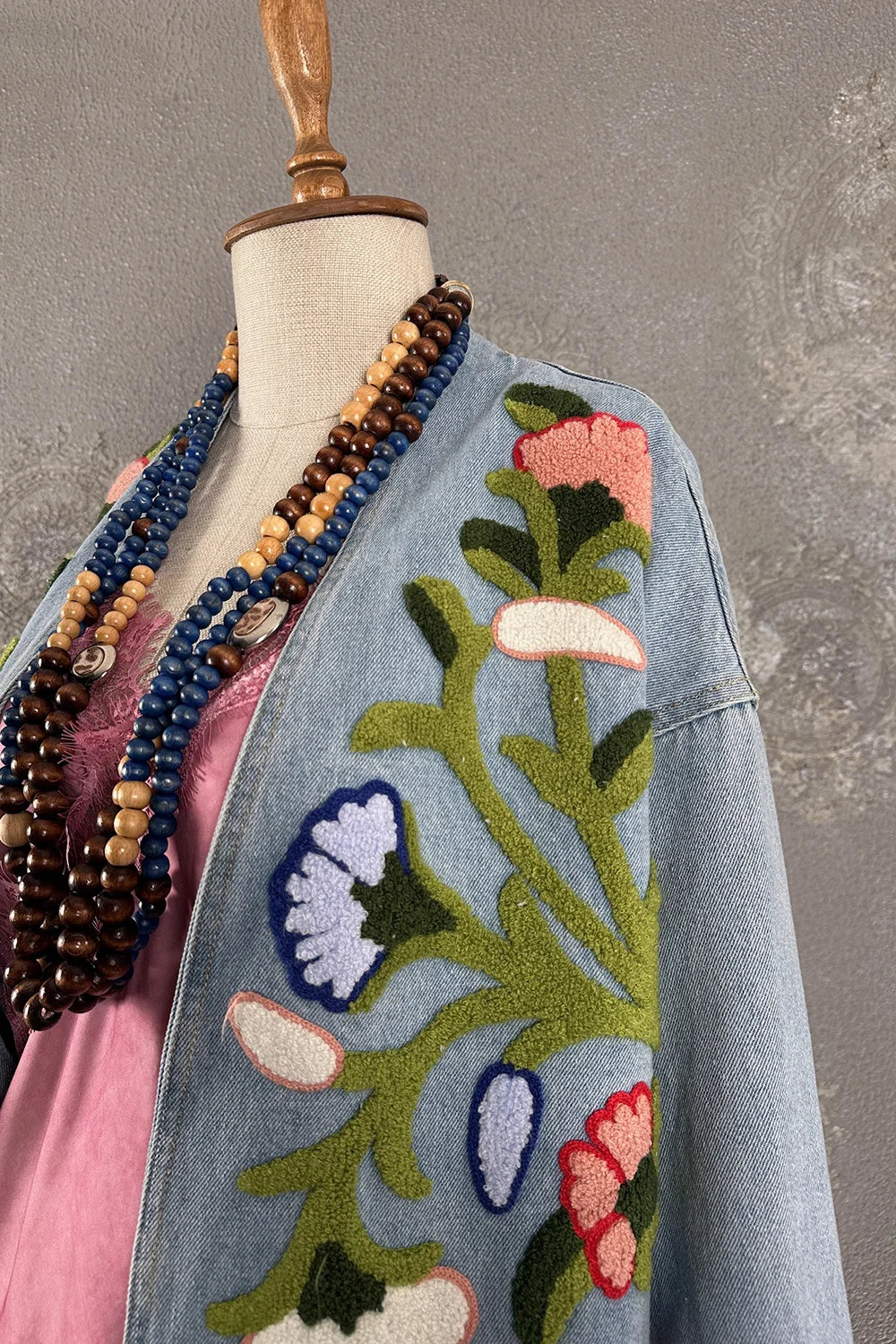 Punch Nakışlı Kot Kimono