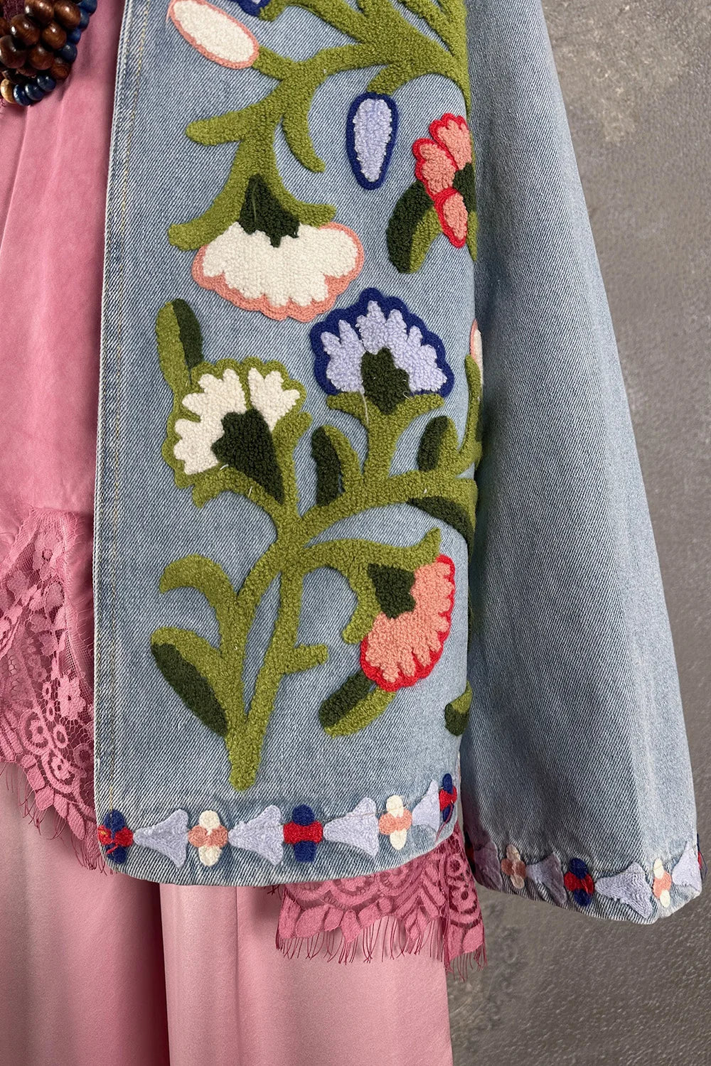 Punch Nakışlı Kot Kimono