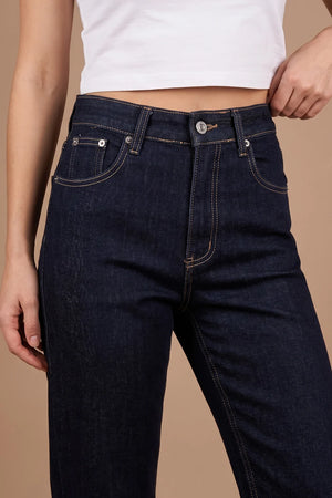 Kontrast dikişli lacivert straight jean, kadın, yüksek bel, klasik kesim, önden görünüm