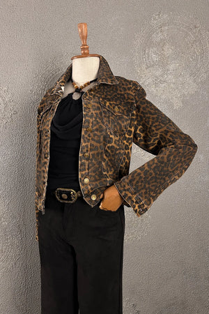 Leopar desenli taşlamalı kot ceket, kadın, kahverengi-siyah, vintage stil, önden görünüm, denim