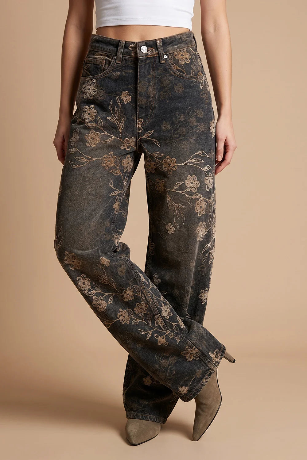 Siyah çiçek nakışlı barrel jean, geniş kesim, altın detaylı floral desen, kadın denim pantolon, vintage stil
