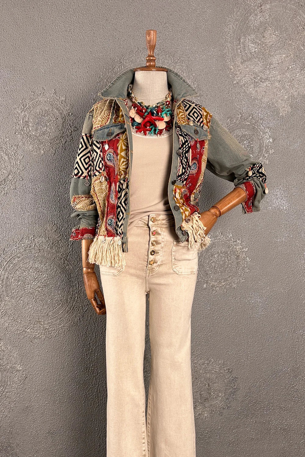 Patchwork İşlemeli Kot Ceket