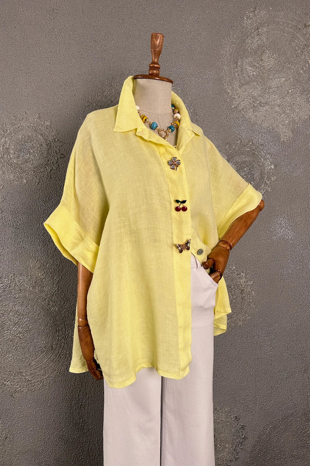Broşlu Oversize Keten Gömlek
