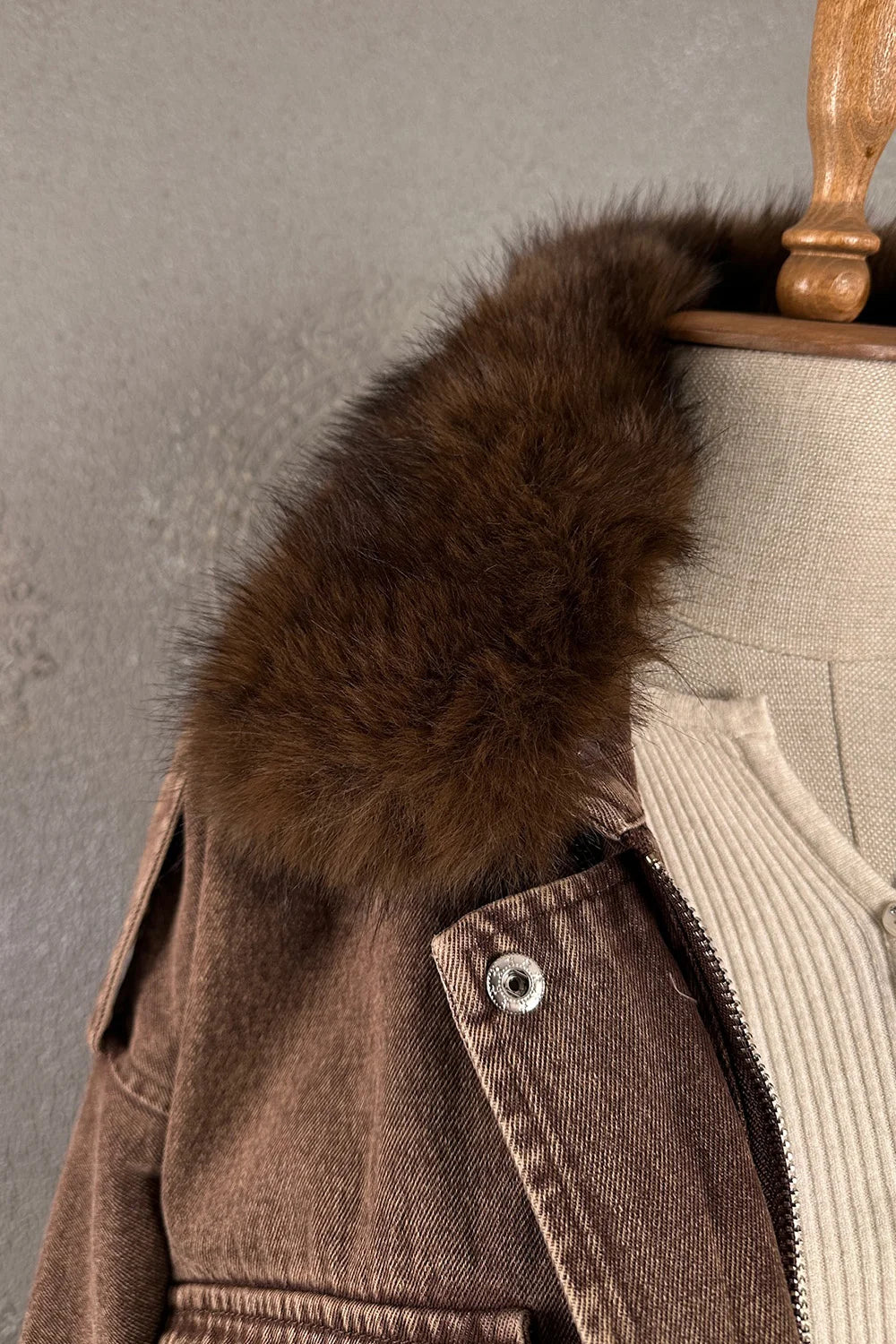 Kürk Detaylı Denim Mont