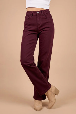 Bordo yüksek bel düz pantolon, kadın, geniş paça kesim, klasik denim görünüm, önden görünüş
