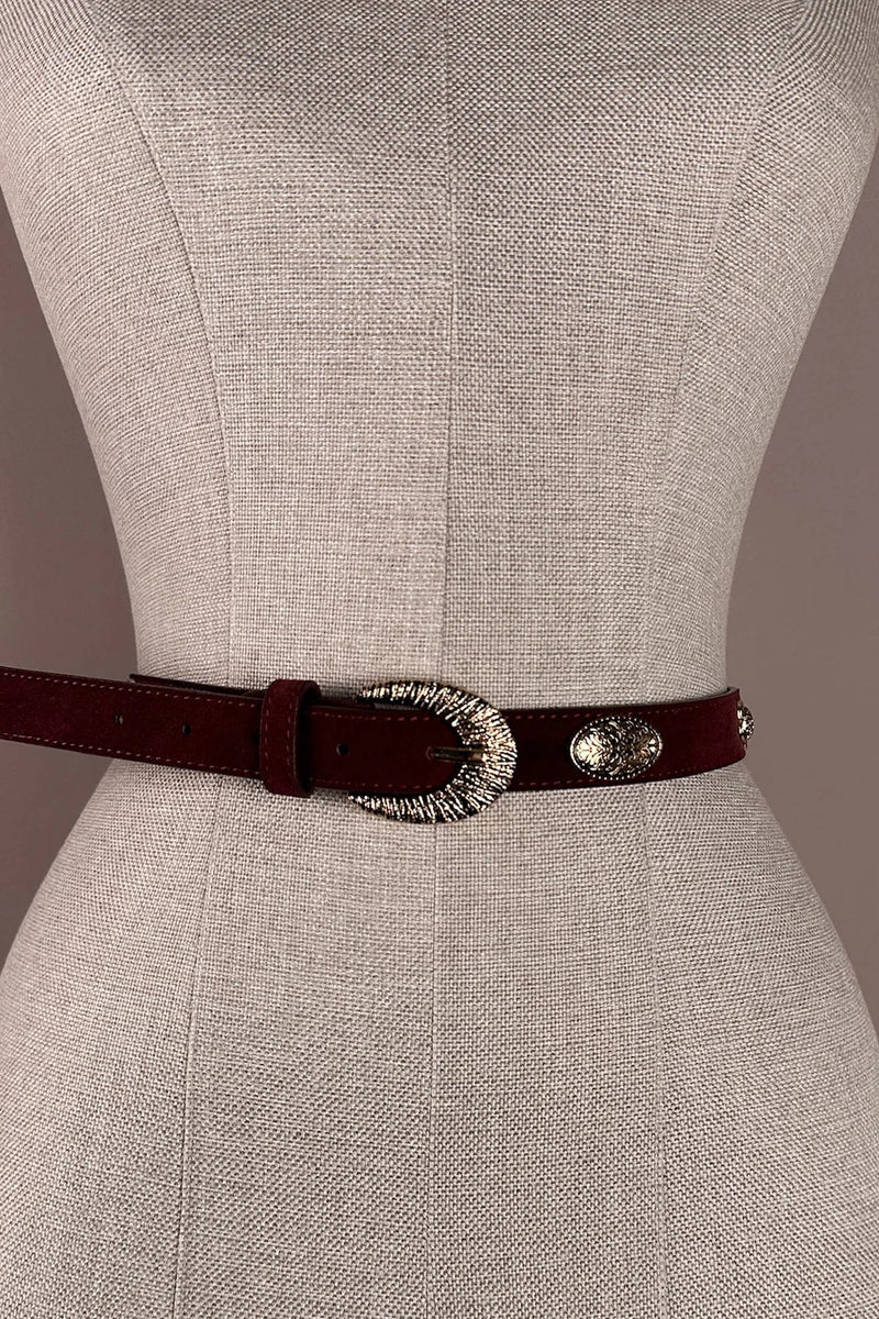 Bordo deri kadın kemer, metal oval ve çiçek tarzı tokayla, vintage stil, ön detay görünüm