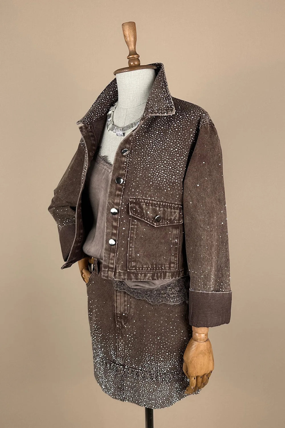 Taş Detaylı Denim Etek Takım