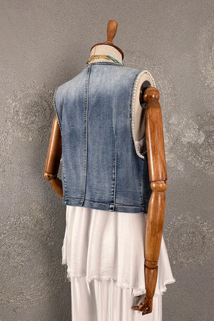 İnci detaylı kot yelek, kadin, açık mavi denim, krem dantel kenar, kolsuz, yandan görünüm
