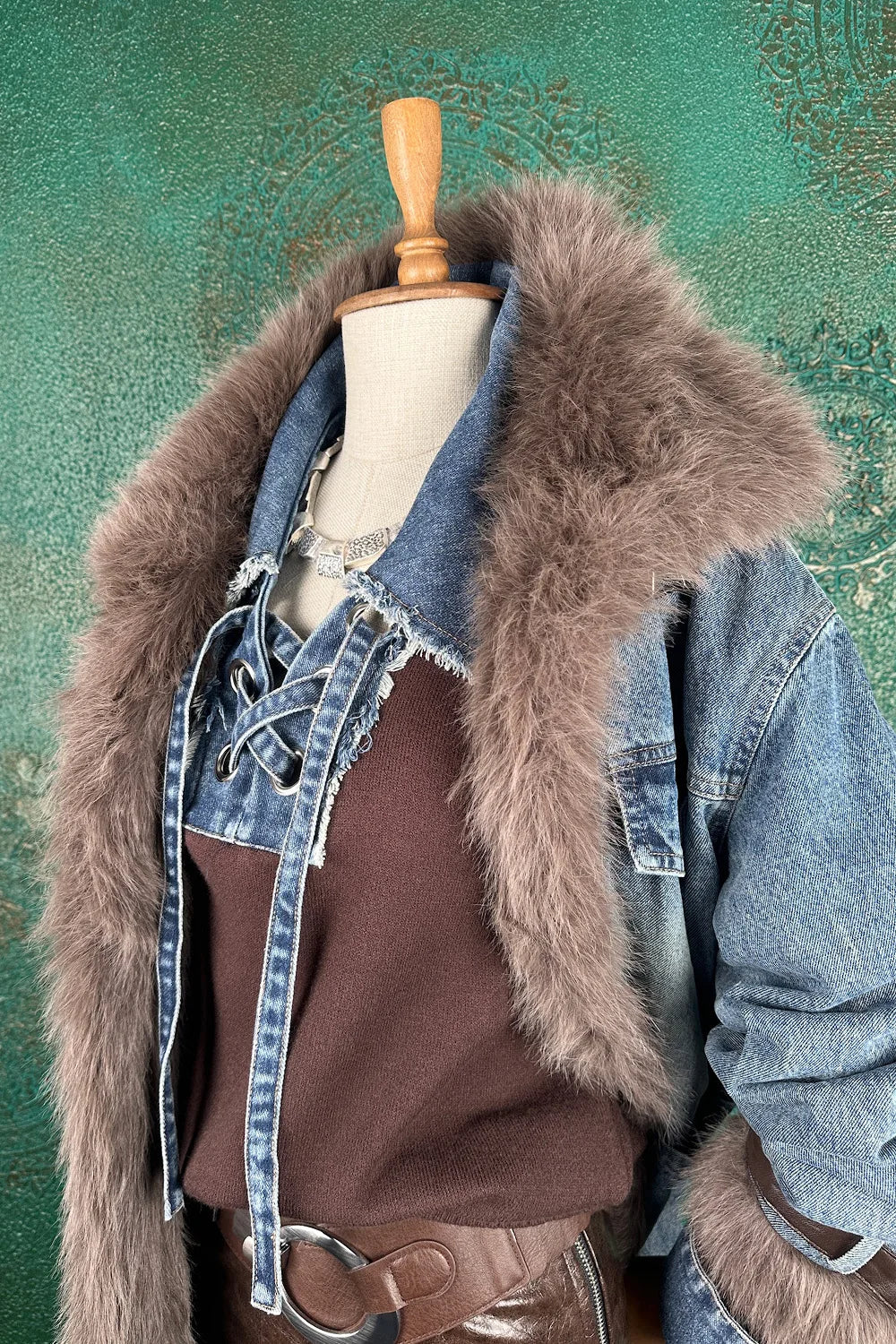 Kürk Detaylı Uzun Denim Ceket