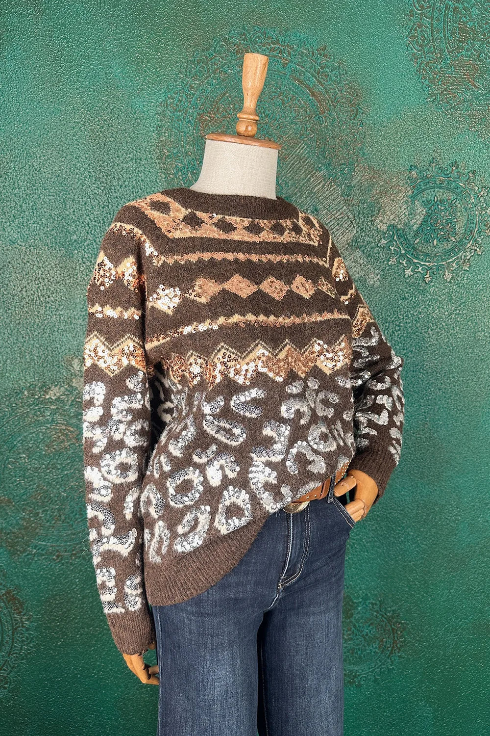 Pul İşlemeli Desenli Kazak