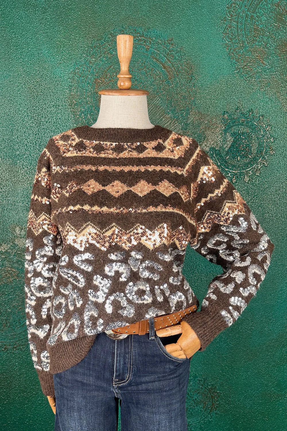 Pul İşlemeli Desenli Kazak