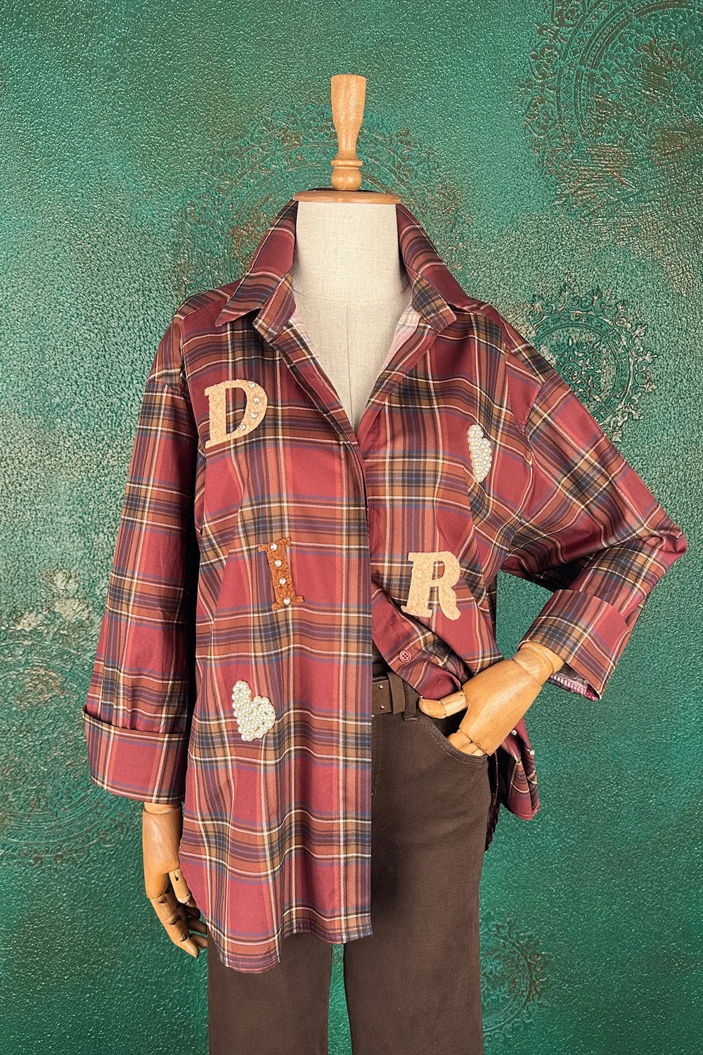 İşlemeli Ekoseli Oversize Gömlek