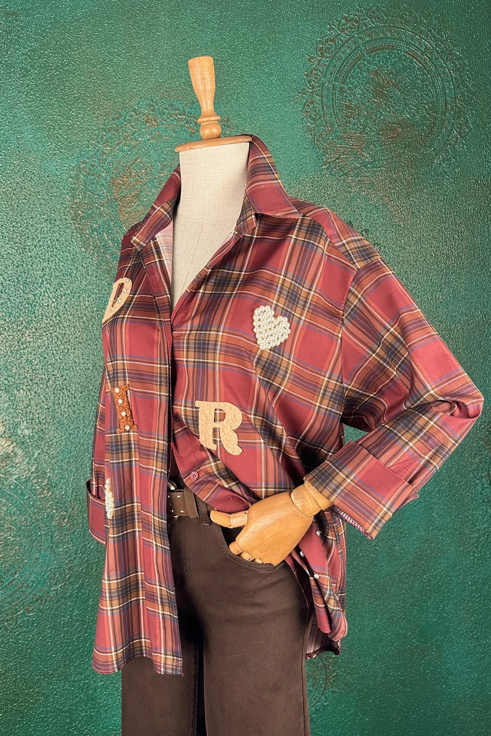 İşlemeli Ekoseli Oversize Gömlek