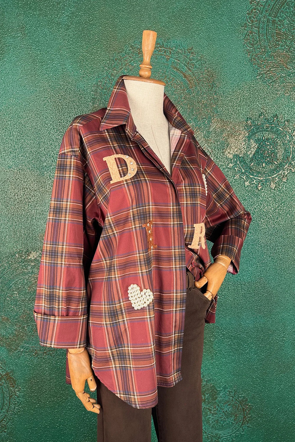 İşlemeli Ekoseli Oversize Gömlek