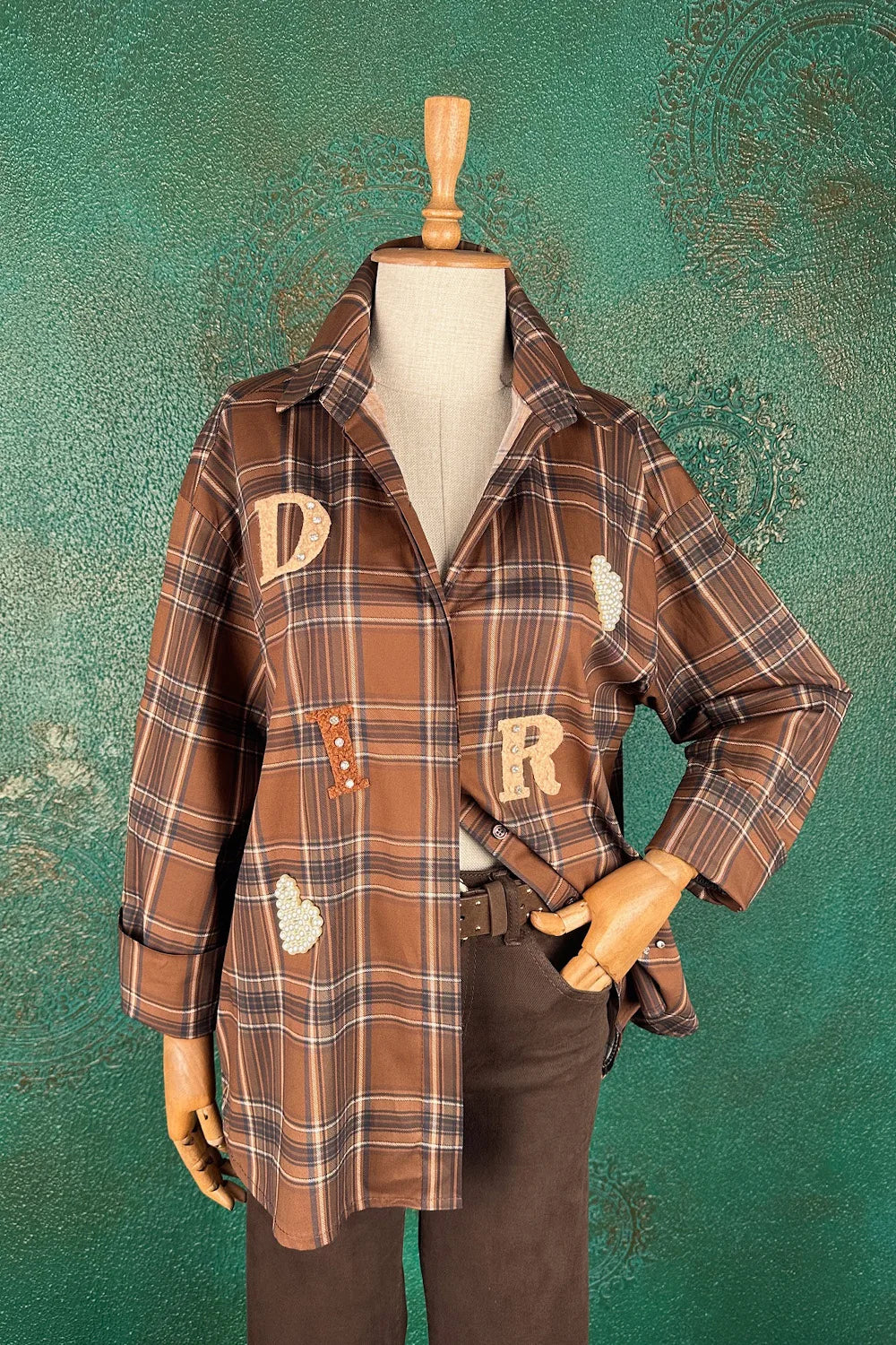 İşlemeli Ekoseli Oversize Gömlek