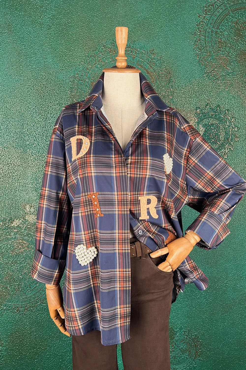 İşlemeli Ekoseli Oversize Gömlek