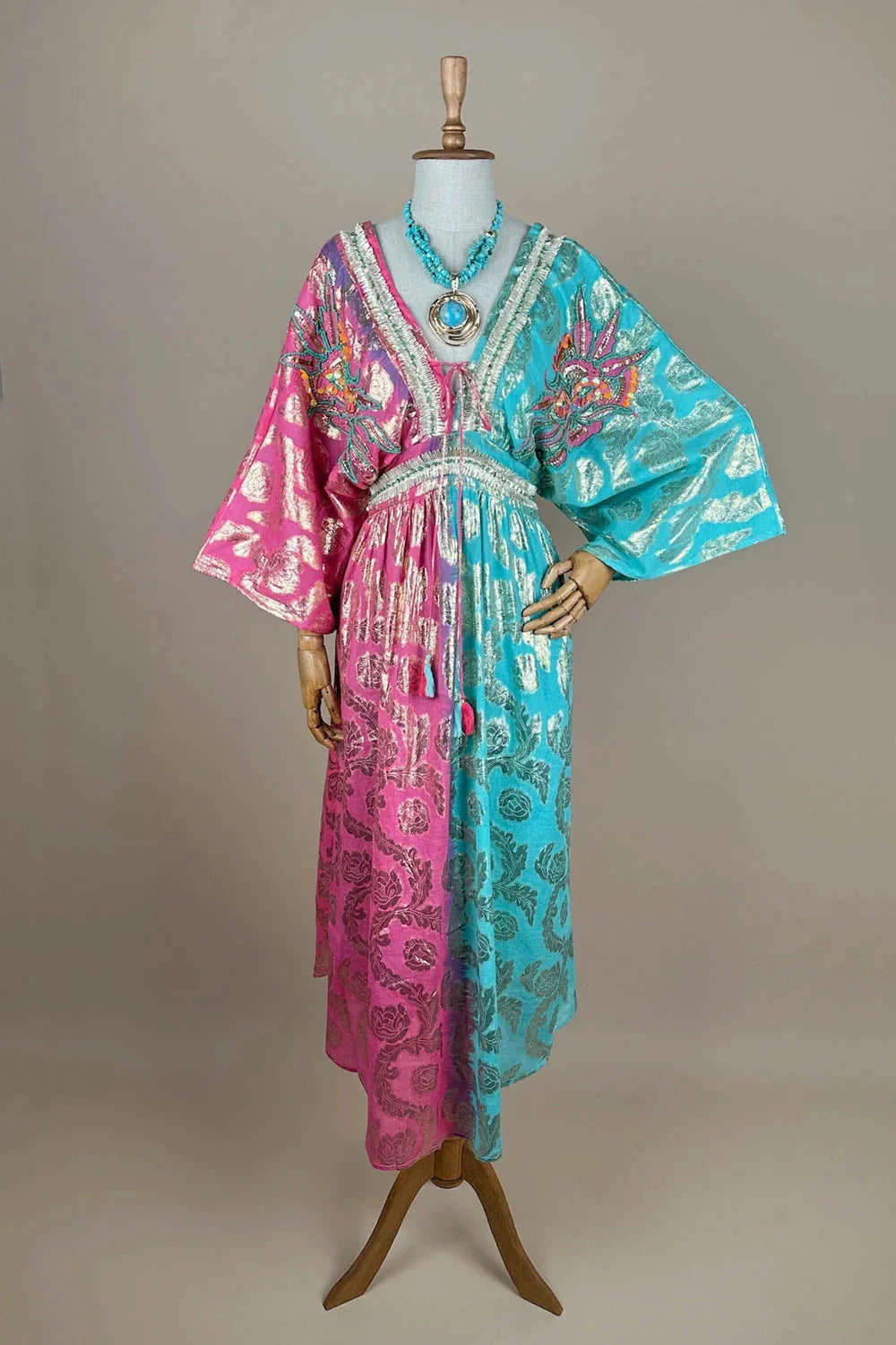 Renk Bloklu Kaftan Elbise - Eliz