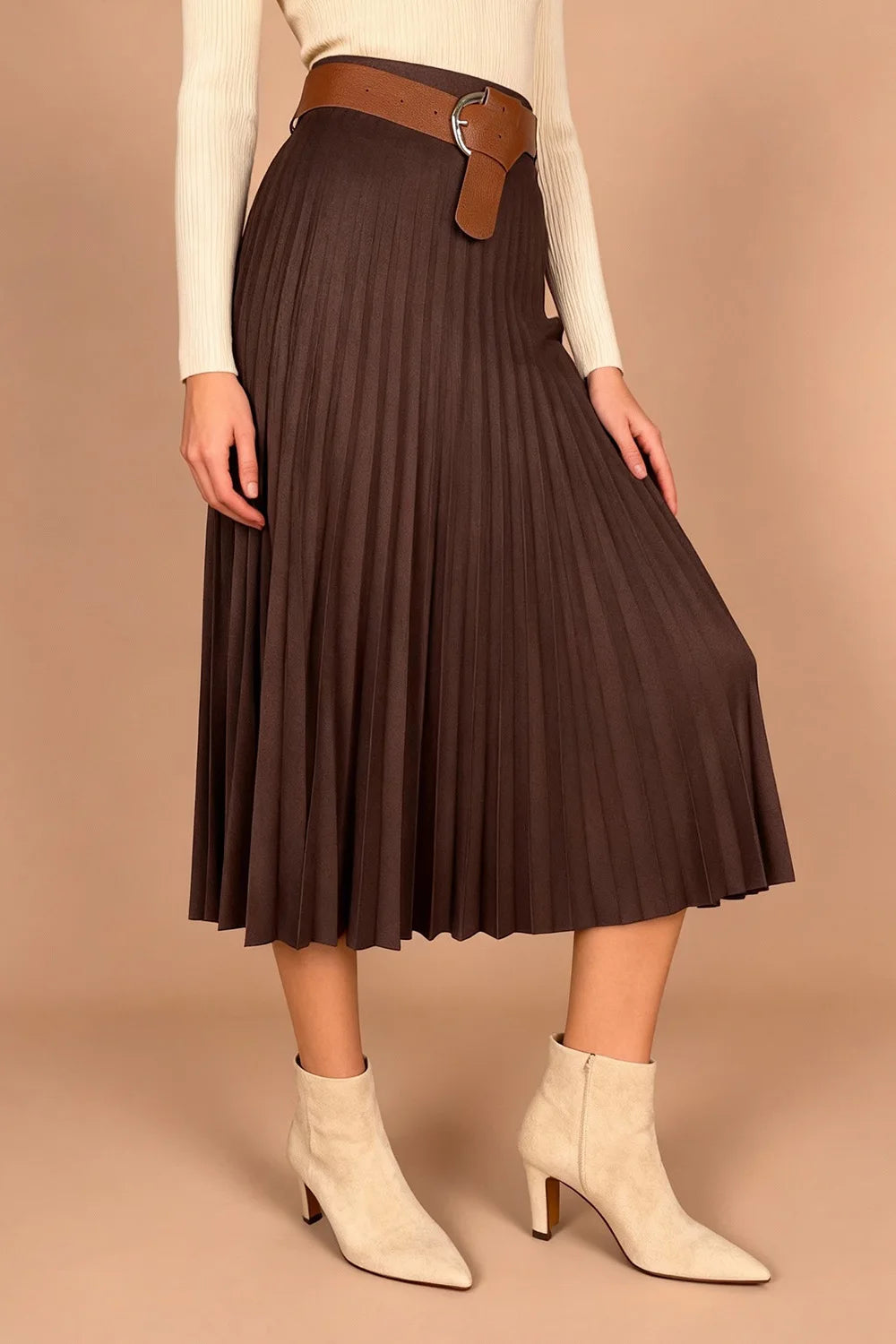 Pliseli Nubuk Midi Etek