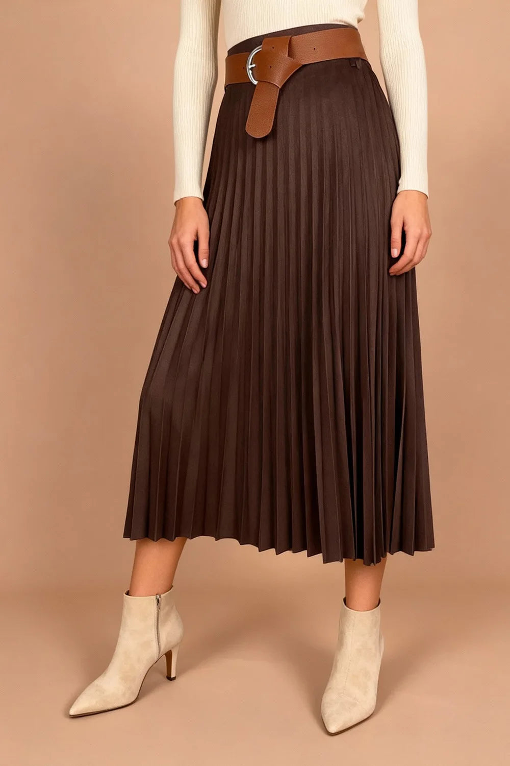 Pliseli Nubuk Midi Etek