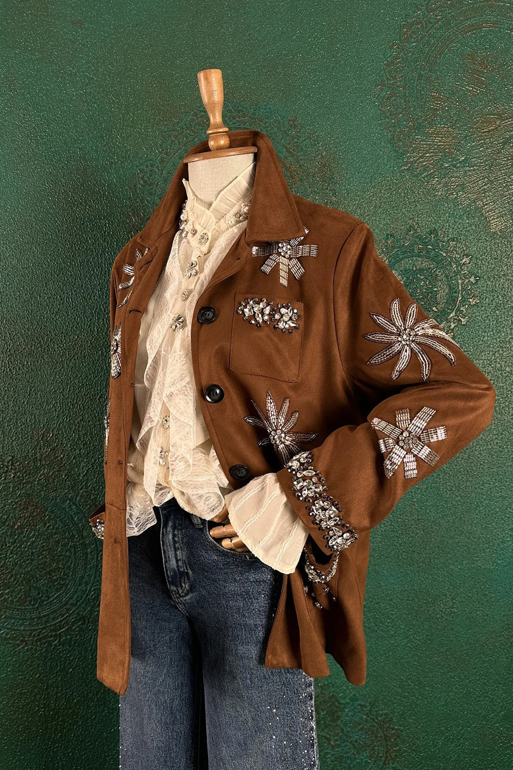 Taş İşlemeli Nubuk Ceket